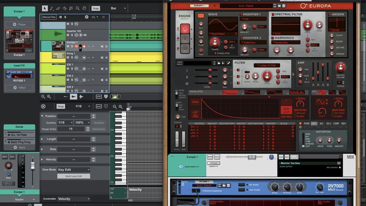 Reason Free running as a standalone DAW next to the Rack, with Europa, Kong and RV7000 MkII loaded