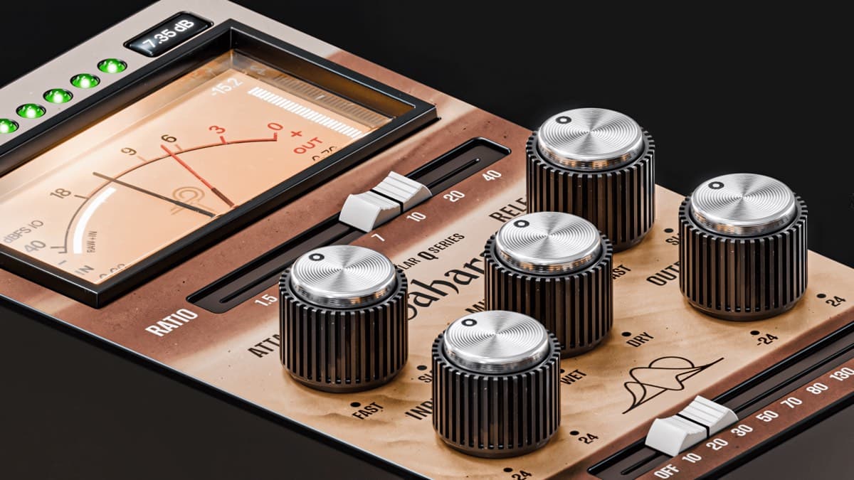 Pulsar Modular Q Sahara input-driven compressor plugin interface in the Sand Dune theme